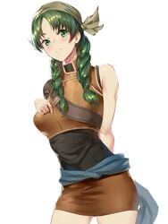 1girls absurdres bandana bare_arms bare_thighs blinkblink_art braid breasts female fire_emblem fire_emblem:_the_blazing_blade green_eyes green_hair hand_on_own_chest highres light_blush long_hair looking_at_viewer medium_breasts nintendo rebecca_(fire_emblem) sleeveless smile solo solo_female twin_braids white_background