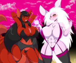 2girls anthro black_hair black_sclera blush bra breasts cameltoe cleavage demon energy_ball female female_only fox furry garter_belt glowing_hair hands_behind_head huge_breasts kitsune lagomorph lingerie long_hair looking_at_viewer mastergodai multiple_tails muscular muscular_female panties piercing pink_fur rabbit rascals red_fur reiko_usagi ruby_(darkusflame) sharp_teeth smile stockings succubus tail thick_thighs very_long_hair voluptuous vulpine wide_hips xeiko yellow_eyes