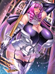 1girls armor bangs blue_eyes cameltoe cleavage cross drill_hair elbow_gloves female garters gloves habit huge_breasts jewelry lips long_hair looking_at_viewer necklace nishida_megane nun original pink_hair solo staff thighhighs weapon