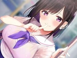 blush finger_to_mouth large_breasts purple_eyes rouka_(akatyann) school_uniform schoolgirl short_hair smiling_at_viewer