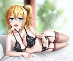 black_bra black_garter_belt black_garter_straps black_panties black_underwear blonde_hair blue_eyes blush breasts eyebrows eyebrows_visible_through_hair female female_focus female_only garter_belt garter_straps hayasaka_ai kaguya-sama_wa_kokurasetai_~tensai-tachi_no_renai_zunousen~ legwear looking_at_viewer lying lying_on_bed lying_on_side open_mouth revenantart side_ponytail solo solo_female solo_focus stockings thighs underwear