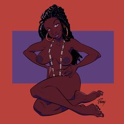 1girls berryvapor big_breasts crossed_legs dark-skinned_female dark_skin dreadlocks ear_ring earrings hand_on_waist hands_on_waist hourglass_figure looking_at_viewer mature_female necklace necklace_between_breasts nipples original pose posing smiling smiling_at_viewer