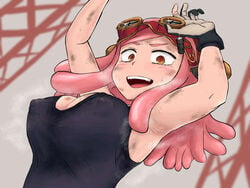 1girls armpits arms_up big_breasts big_nipples blush color dirty female fully_clothed gloves headgear iegami looking_at_viewer mei_hatsume my_hero_academia nipple_bulge nipples open_mouth pink_hair smile smiling smiling_at_viewer steam sweat sweat_stain sweatdrop sweaty tank_top