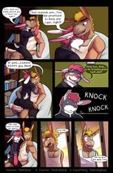 absurd_res anthro asinus blush bodily_fluids comic detailed_background dialogue donkey duo equid equine equip genital_fluids hi_res implied_fingering johnny_bunny lagomorph leporid luke_rider male male/male mammal open_mouth precum rabbit teasing thekinkybear tongue tongue_out