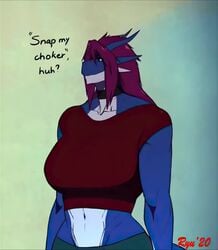 2d_animation amelia_gideon animated big_breasts blue_body breasts choker dragon furry green_eyes growth horns huge_breasts muscle_growth muscular muscular_female original ryuakira video