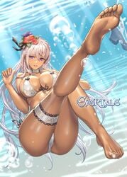 barefoot bikini breasts cleavage cuboon dark_skin elmina_(evertale) evertale feet female flower front-tie_top garter hair_flower hair_ornament high_resolution large_breasts lavender_hair long_hair looking_at_viewer navel parted_lips pointed_ears purple_eyes side-tie_bikini smile soles solo swimsuit underwater white_bikini white_swimsuit