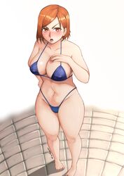 1girls 2021 alternate_version_available bikini bikini_bottom bikini_top blue_bikini blue_bikini_bottom blue_bikini_top blush blush_lines breasts cleavage embarrassed esan02b female female_focus female_only full_body hand_on_hip hand_on_own_hip jujutsu_kaisen kugisaki_nobara open_mouth solo solo_female solo_focus standing