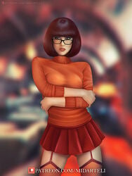 1girls artist_name big_breasts breasts busty clothing glasses hanna-barbera legs light-skinned_female light_skin midarteli nerd pose red_hair scooby-doo short_hair thick_thighs thighs upper_body velma_dinkley voluptuous