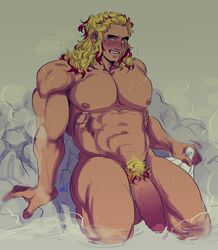 1boy abs big_penis blonde_hair breasts demon_slayer grabbing_towel kimetsu_no_yaiba leaning long_hair long_hair_male male male_only naked pubes pubic_hair public_exposure red_hair rengoku_kyoujurou sauna smile smiling solo thermal_waters thick_penis thick_thighs uncut unhealthydoc water yellow_eyes