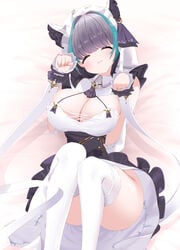 1girls adorable azur_lane big_breasts blush breasts cat_smile cheshire_(azur_lane) cleavage closed_eyes clothed clothing curvaceous curvy curvy_female curvy_figure cute cute_fang exposed_ass eyelashes eyes_closed fang female female_only fully_clothed hair happy maid maid_dress maid_headdress maid_outfit maid_uniform nicorima no_background pale-skinned_female pale_skin short_hair smile smooth_skin tagme thick_thighs thigh_highs thighs