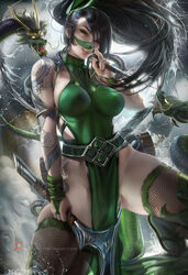 1girls akali bare_shoulders big_breasts black_hair breasts brown_eyes clothed clothing dragon dress female female_focus female_only holding_weapon large_breasts league_of_legends loincloth long_hair looking_at_viewer mask mask_lift ninja on_knees ponytail sakimichan smile solo solo_female solo_focus tattoo tattooed_arm tattoos thick_thighs thighhighs thighs tongue tongue_out weapons wrist_guards