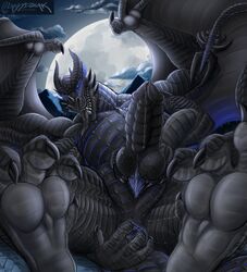 2021 absurd_res anal anal_fingering anal_masturbation anthro anus ass black_body black_scales blue_body blue_scales bodily_fluids claws crazydrak dragon finger_claws fingering full_moon genital_fluids genitals hi_res horn jrbart knot lying male masturbation membrane_(anatomy) membranous_wings moon muscular muscular_anthro muscular_male on_back penis precum presenting presenting_hindquarters ridged_penis scales scalie sharp_teeth slit solo teeth tongue tongue_out vein veiny_penis western_dragon wings zarizav