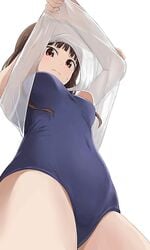 1girls breasts brown_eyes brown_hair female female_only hiroki_yyqw7151 iino_miko kaguya-sama_wa_kokurasetai_~tensai-tachi_no_renai_zunousen~ long_hair looking_at_viewer looking_through_clothes one-piece_swimsuit small_breasts solo swimsuit viewed_from_below