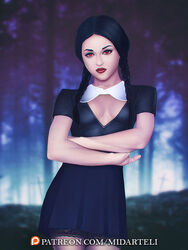 1girls big_breasts black_hair breasts bust busty cleavage commission curvaceous curvy female goth gothic hourglass_figure legs light-skinned_female light_skin midarteli pale-skinned_female pale_skin red_eyes small_breasts standing the_addams_family upper_body voluptuous wednesday_addams