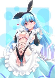 adapted_costume alice_in_wonderland alice_liddell_(cosplay) apron artist_name blue_dress blue_hair bow bowtie breasts c.r. cameltoe cleavage clothing_cutout cosplay dress female frilled_apron frills gloves gluteal_fold hair_ribbon heart highres hip_focus king_of_fighters kula_diamond large_breasts leotard long_hair long_sleeves midriff navel navel_cutout partially_visible_vulva red_eyes ribbon smile snk snk_heroines:_tag_team_frenzy solo straight_hair