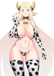 animal_print bell bikini bikini_bottom blonde_hair blue_eyes blush breasts cawfield cerestia_of_life circlet cleavage collar cow_print ear_tag elbow_gloves elf female gloves hair_between_eyes highleg highleg_bikini highres huge_breasts last_origin long_hair long_pointy_ears looking_at_viewer navel neck_bell open_mouth pointy_ears smile solo swimsuit thighhighs very_long_hair waving