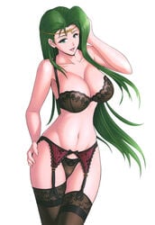 1girls annand_(fire_emblem) black_panties blue_eyes bra breasts cleavage female female_only fire_emblem fire_emblem:_genealogy_of_the_holy_war green_eyes green_hair large_breasts lingerie long_hair looking_at_viewer mature_female nintendo nipples panties pinup purple_hair rakusai_(saisai_garou) smile solo solo_female source_request underwear