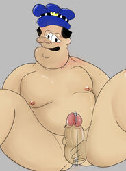 1boy beano chubby_male dennis_and_gnasher erect_nipples erection holding_penis male_only masturbation nude police_hat precum precum_drip sergeant_slipper spread_legs thick_penis