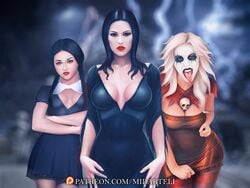 3girls big_breasts black_hair breasts bust busty cleavage commission curvaceous curvy digital_media_(artwork) digital_painting_(artwork) facepaint female gilf goth gothic grandmama_addams hourglass_figure legs light-skinned_female light_skin mature mature_female midarteli milf morticia_addams no_bra pale-skinned_female pale_skin patreon_username red_eyes small_breasts standing the_addams_family tongue tongue_out upper_body voluptuous wednesday_addams white_hair white_paint white_skin