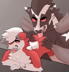 anal anthro ass cmmn-rwt duo fur hi_res lycanroc male male/male muscular nintendo obstagoon oral pokémon_(species) pokemon rimming sex simple_background slim smile tongue tongue_out video_games