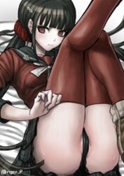 1girls ankle_boots black_panties blush boots brown_hair clothed danganronpa danganronpa_(series) danganronpa_v3 embarrassed female female_focus female_only flustered harukawa_maki horny new_danganronpa_v3 panties pigtails pout red_eyes red_thighhighs rojen school_uniform schoolgirl skirt skirt_lift stockings straight_hair sweat thigh_highs thighhighs thighs upskirt wet wet_pussy