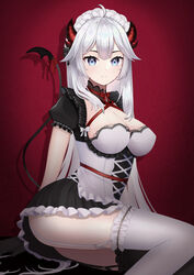 absurdres ahoge bangs black_legwear blue_eyes breasts cleavage demon_girl demon_horns demon_tail dress female garter_straps gloves highres horns large_breasts long_hair looking_at_viewer maid maid_headdress maid_uniform oerba_yun_fang pointy_ears puffy_short_sleeves puffy_sleeves red_background short_sleeves simple_background sitting skin_fang smile solo succubus symbol_commentary tail thighhighs thighs tomashiki veibae very_long_hair virtual_youtuber vshojo white_hair white_legwear yokozuwari