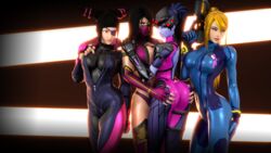 3d 4girls adeptusinfinitus ass ass_grab black_hair blender blizzard_entertainment blonde_hair blue_hair bodysuit breasts capcom cleavage crossover drill_hair eyepatch female_only glowing_eyes hi_res hips juri_han latex metroid mileena mortal_kombat multiple_girls netherrealm_studios nintendo overwatch ponytail purple_skin samus_aran street_fighter thighhighs thighs widowmaker xps zero_suit_samus