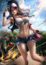 1girls abs axsens bare_shoulders baseball_cap big_breasts blue_eyes boots breasts brown_hair cleavage clothed clothing cute denim denim_shorts female female_focus female_only fit fit_female fully_clothed hat hilda_(pokemon) hips laced_boots midriff navel nintendo outdoors park pig pokemon pokemon_bw ponytail purse shorts solo solo_female solo_focus tank_top tepig thighs toned toned_female tree trees vest walking wristband