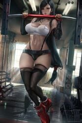 1girls bare_shoulders big_breasts black_hair boots breasts busty cleavage clothed clothing exercise female female_focus female_only final_fantasy final_fantasy_vii final_fantasy_vii_remake fingerless_gloves fit fit_female gauntlets gloves gym gym_uniform hips large_breasts long_hair midriff navel pull_ups red_eyes sakimichan shorts solo solo_female solo_focus sport sports_bra square_enix suspenders sweat sweatdrop sweating thick_thighs thighhighs thighs tifa_lockhart toned toned_female very_long_hair weights wide_hips workout