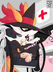 absurd_res anthro bodily_fluids braixen caught chansey clothing disembodied_penis duo female female_penetrated fur genital_fluids genitals hat headgear headwear hi_res hospital humanoid_genitalia humanoid_penis magic_user male male/female male_penetrating male_penetrating_female nintendo orange_body orange_fur penetration penile penile_penetration penis penis_in_pussy pokémon_(species) pokemon pokemon_(species) ponporio_(artist) pussy_juice red_eyes text tongue tongue_out vaginal_penetration video_games wheelchair witch wizard_hat