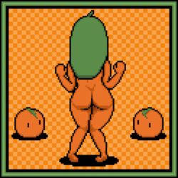 animated anthro ass food_creature fruit fruit_humanoid green_hair orange orange_skin orangejuicemann pixel_art poppy_(orangejuicemann)
