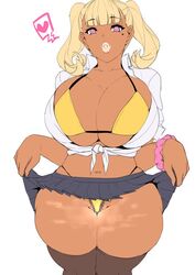 1girls big_breasts bimbo blonde_hair breasts character_request cleavage dark-skinned_female dark_skin female gyaru hourglass_figure huge_breasts kuro_gyaru ky. large_breasts midriff mole mole_under_eye original pubic_hair pubic_hair_peek skirt skirt_lift solo stockings tan thick_thighs twintails whale_tail wide_hips