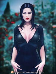 1girls big_breasts black_hair breasts bust busty cleavage commission curvaceous curvy digital_media_(artwork) female goth gothic hourglass_figure legs light-skinned_female light_skin mature mature_female midarteli milf morticia_addams pale-skinned_female pale_skin standing the_addams_family upper_body voluptuous