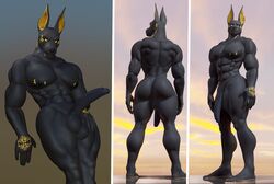 3d abs anthro anubian_jackal anubis ass balls big_balls big_penis black_body black_fur black_sclera canid canine canis deity digital_media_(artwork) ear_piercing egyptian_mythology feet fur genitals hi_res humanoid_feet humanoid_genitalia humanoid_penis jackal looking_at_viewer male male_only mammal middle_eastern_mythology moreuselesssource muscular muscular_anthro muscular_male mythology penis piercing pose standing tailless vein veiny_muscles