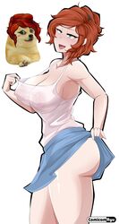 1girls aqua_eyes areolae ass big_ass big_breasts big_butt blue_eyes breasts brush comicomryu doge female large_breasts meme nipples red_hair ryumxr see-through see-through_clothing see-through_shirt skirt skirt_lift smile