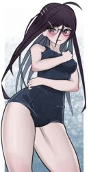 1girls danganronpa fukawa_touko one-piece_swimsuit small_breasts straight_hair swimsuit thighs trizzz