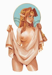 1girls a_link_to_the_past bad_censor blue_eyes brown_hair casual_nudity censored covering covering_crotch hi_res large_breasts long_hair melonpan nintendo pointy_ears princess_zelda the_legend_of_zelda white_background zelda_(a_link_between_worlds) zelda_(a_link_to_the_past)