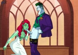 1boy 1girls 2d background batman_(series) blowjob breasts clothed clothed_sex clothing dc dc_comics dcau dedx dress dress_down duo fellatio female green-skinned_female green_body green_eyes green_hair green_skin grin hair hair_ornament handjob happy harley_quinn_(series) human human_only joker lipstick long_hair male nail_polish necktie neckwear nipples no_bra no_underwear open_dress oral pamela_isley pants_down poison_ivy red_hair red_lipstick short_hair side_view smile standing straight suit underwear violet_clothing violet_nail_polish wedding wedding_dress white_body white_clothing white_skin