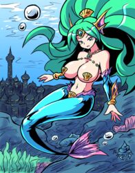 1girls aqua_eyes arm_warmers blue_tail bubble crab ear_fins eyelashes female female_only fins fish fish_tail green_hair hair hermit_crab large_breasts long_hair looking_at_viewer mermaid necklace open_mouth original pasties paulgq png seashell seashell_pasties shell smile solo solo_female tagme tail tiara tied_hair underwater very_long_hair water