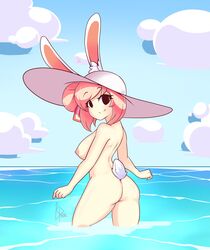 1girls ass bunny_ears bunny_tail female fiz hat kevin_paintart looking_at_viewer naked nipples nude oc ocean original original_character outdoors outside pink_hair short_hair sideboob solo water white_skin