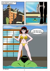 1boy 1girls avengers bikini comic comic_page dialogue dr_iggy english_text female heart_glasses hulk janet_van_dyne male marvel marvel_comics mostly_nude page_1 page_number pool speech_bubble standing sunglasses swimming_pool the_avengers:_earth's_mightiest_heroes wasp_(earth's_mightiest_heroes) yellow_bikini