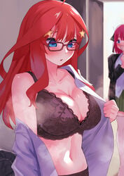 2girls :o ahoge amog black_bra black_panties blue_eyes blunt_bangs blush bra breasts cleavage commentary covering_mouth glasses go-toubun_no_hanayome hair_ornament highres indoors lace lace-trimmed_bra lace_trim large_breasts lingerie looking_away looking_down midriff multiple_girls nakano_itsuki nakano_nino navel open_clothes open_shirt panties parted_lips pink_hair red-framed_eyewear red_hair shirt siblings sisters solo_focus star_(symbol) star_hair_ornament steaming_body stomach sweat twins underwear undressing walk-in white_shirt