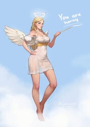 1futa angel angel_girl_(tarakanovich) angel_wings areolae balls balls_under_clothes blonde_hair blue_eyes bottomless_skirt breasts casual clothed clothing dickgirl erect_nipples flaccid flaccid_penis fully_clothed futa_only futanari halo human ineffective_clothing intersex light_skin mistveil nipple_bulge nipples pale_skin penis penis_under_clothes penis_under_skirt see-through_clothing skirt small_penis solo standing tarakanovich text transparent_clothing wand