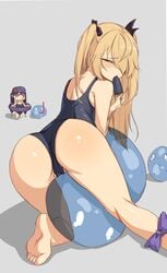 2girls ass blonde_hair butt dat_ass feet female fischl_(genshin_impact) genshin_impact green_eyes inflatable kkrazyyyy1 light_skin one-piece_swimsuit oral oral_insinuation petite popsicle pussy slime slime_(genshin_impact) solo_focus swimsuit teenager twintails