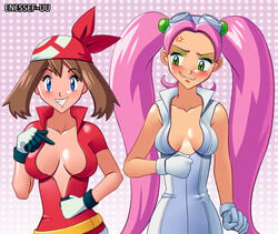 2girls bandana blue_eyes breast_envy breast_size_difference breasts brown_hair cipher_admin cleavage collarbone enessef-uu english_text eyewear_on_head female female_focus female_only fully_clothed genius_sonority gloves goggles green_eyes height_difference large_breasts lovrina_(pokemon) may_(pokemon) nintendo no_bra pink_hair pokemon pokemon_rse pokemon_xd red_bandana sleeveless sleeveless_shirt small_breasts team_cipher text tight_clothing twintails unzipped unzipping watermark zipper