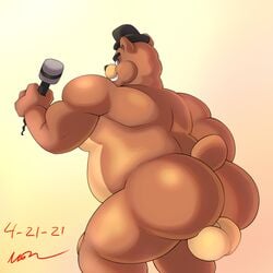 2021 anthro ass backsack balls bear belly big_ass big_balls big_butt black_nose blue_eyes brown_body brown_fur bubble_ass bubble_butt dad_bod five_nights_at_freddy's freddy_(fnaf) fur gay hi_res holding_microphone holding_object looking_at_viewer looking_back male_only microphone pink_eyes presenting presenting_ass presenting_balls presenting_butt short_tail smile smiling smiling_at_viewer standing standing_position tail teeth thick_ass thick_balls thick_thighs top_hat video_games voyagersscrapbook yaoi