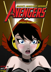 1girls avengers blue_eyes blush choker clothed comic_cover dr_iggy female female_only janet_van_dyne marvel marvel_comics offscreen_male penis_awe penis_shadow short_hair solo superheroine the_avengers:_earth's_mightiest_heroes wasp_(earth's_mightiest_heroes) wasp_(marvel)