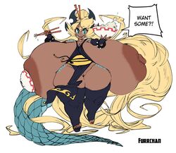 animal_humanoid areola armwear big_breasts blonde_hair blue_eyes bottomwear bowl breasts chopsticks chopsticks_in_hair clothed clothing curvy_figure dark_body dark_skin digital_media_(artwork) dragon dragon_humanoid elbow_gloves english_text feet female fingers food furrchan genitals gloves hair handwear hi_res humanoid hyper_breasts legwear loincloth long_hair looking_at_viewer nipples not_furry offering_food open_mouth panties pussy rice scalie shortstack simple_background smile solo spike_(disambiguation) standing stockings text thick_thighs underwear voluptuous wide_hips