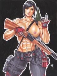 1girls abs areolae bazooka belt black_hair breasts brown_eyes call_of_duty casual chris_foulkes clothing female female_only firearm fit fit_female gloves grenade hand_sign holding_weapon holster huge_breasts human large_breasts looking_at_viewer mara_(cod) muscular_female navel nipples pale_skin pink_lipstick pinup pistol rocket_launcher short_hair shotgun smile solo solo_female straps tied_hair tights toned toned_female topless utility_belt weapon