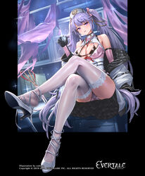 bare_shoulders black_bra black_gloves black_underwear bra copyright_name crossed_legs cuboon evertale female gloves hair_ornament hat high_heels high_resolution long_hair looking_at_viewer nurse nurse_cap official_art pantsu purple_eyes purple_hair reina_(evertale) scissors shoes sitting thighhighs tied_hair twintails underwear watermark white_footwear white_legwear